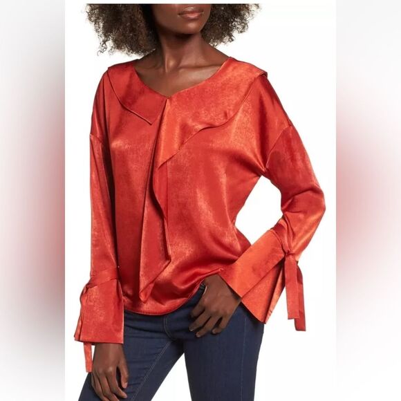 MOON RIVER Drape Satin Long Sleeve Blouse in Geranium S NWT - Picture 10 of 11
